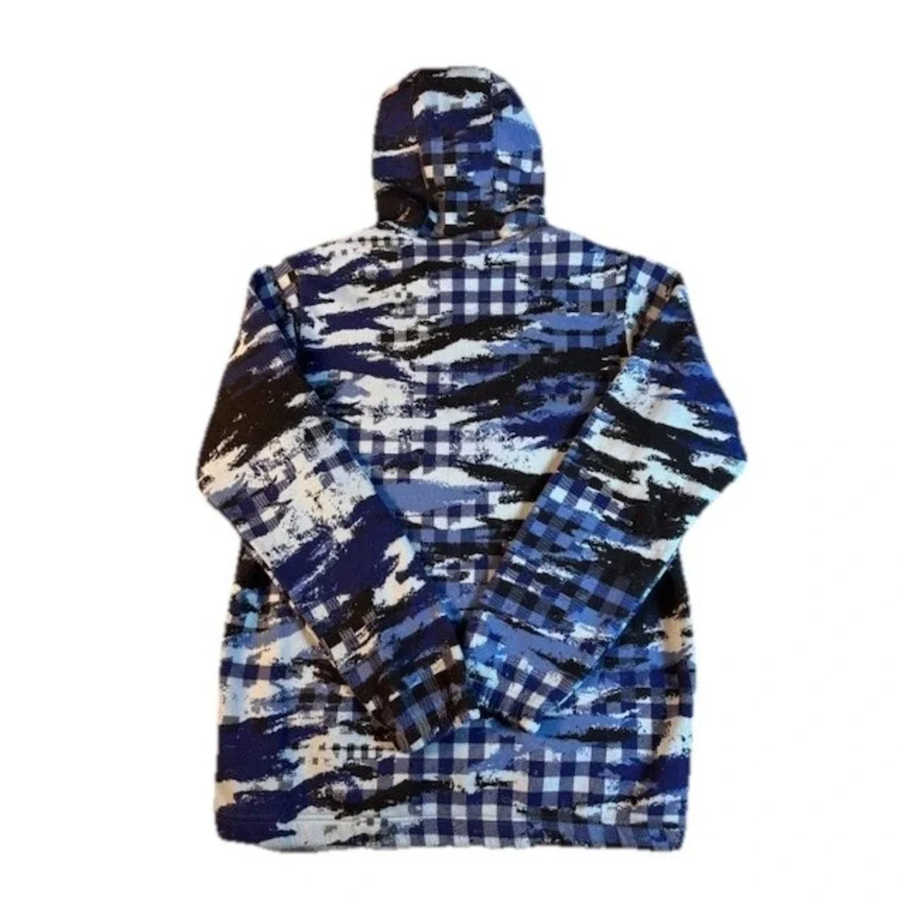 Adidas Hoodie Mens Medium Blue‎ Black Buffalo Plaid Camo Fleece Pullover Graphic